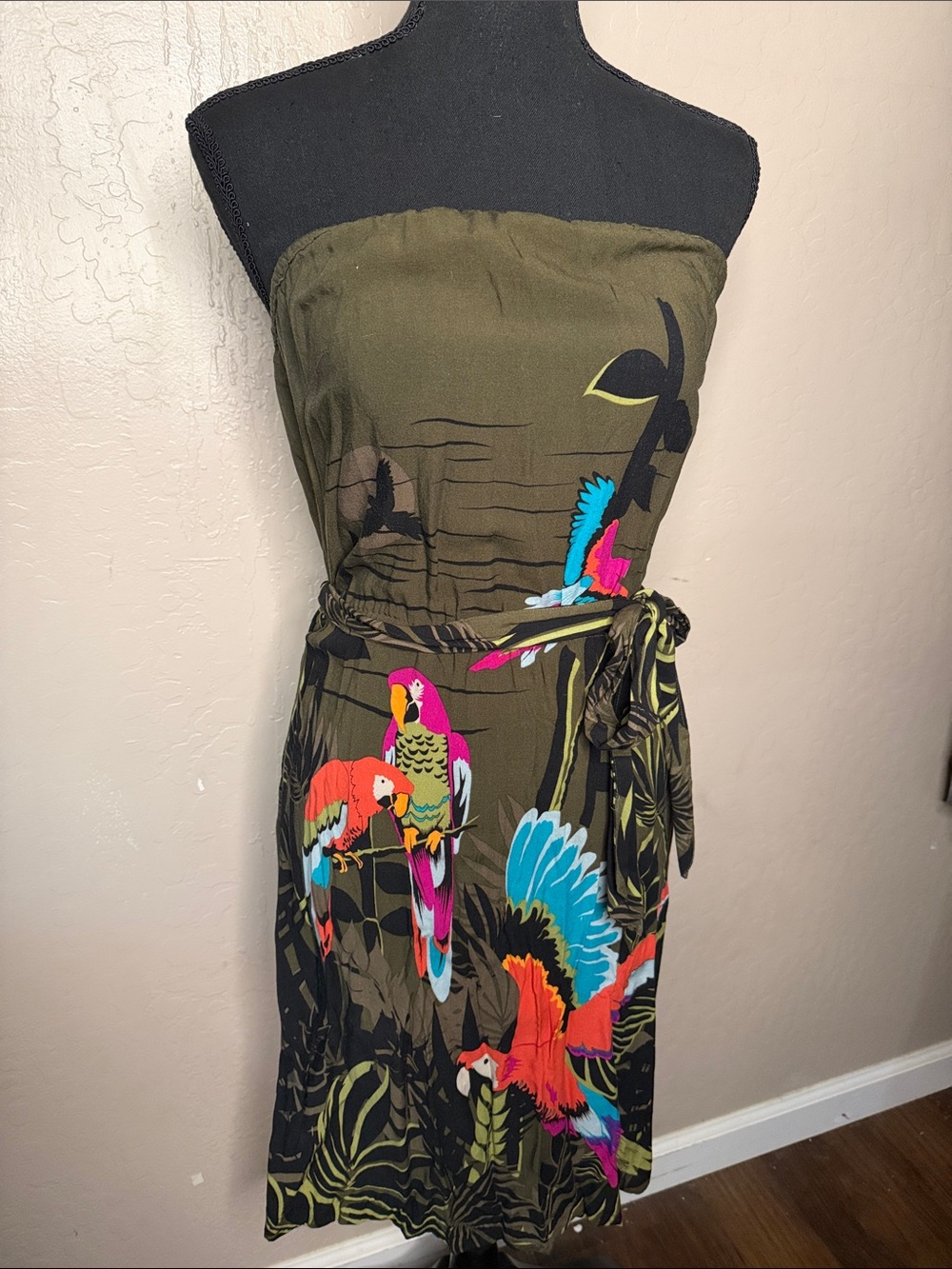 H&M Olive Green Strapless Tropical Parrot Print Dress
